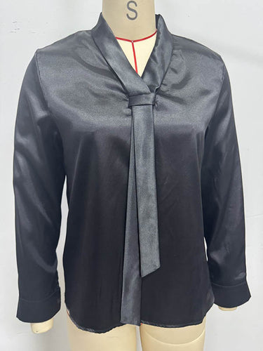1728948 Long Sleeves Loose Solid Color Split-Joint Streamer Scarf Collar Blouses&Shirts Tops