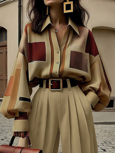 Long Sleeves Loose Buttoned Contrast Color Plaid Lapel Blouses&Shirts Tops