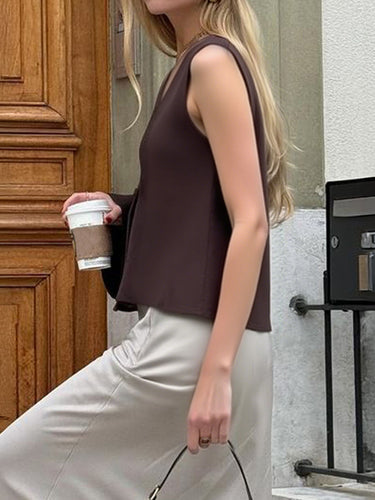 1749759 Sleeveless Buttoned Solid Color V-Neck Vest Top Waistcoat