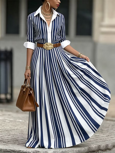 1781521 A-Line Loose Buttoned Contrast Color No Belt Striped Lapel Maxi Dresses