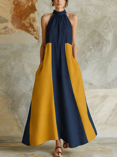 1786692 A-Line Loose Buttoned Contrast Color Pleated Pockets Split-Joint Halter-Neck Maxi Dresses