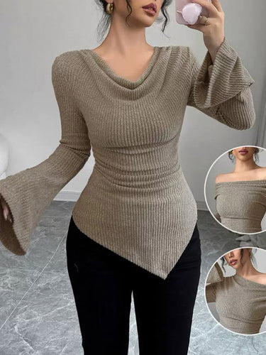1751300 Uitlopende mouwen Onregelmatigheid Geplooid Geribbeld Gebreid Effen Kleur Hoops Kraag T-shirts Tops
