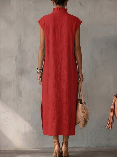 1781502 Loose Sleeveless Pockets Ruffle Trim Solid Color Split-Side Stand Collar Midi Dresses