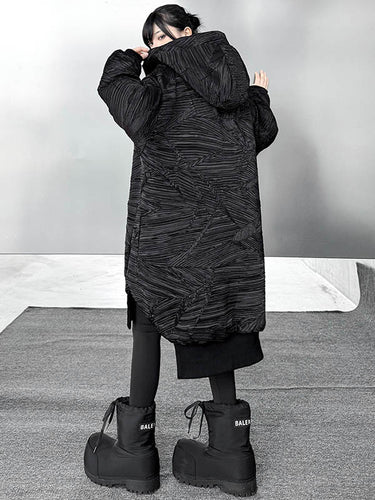 1720080 High-Low Irregularity Abstract Printed Contrast Color Split-Joint Zipper Hooded Outerwear Overcoat