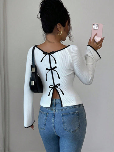 1738703 Long Sleeves Contrast Color Ribbed Knit Split-Joint Round-Neck Blouses&Shirts Tops