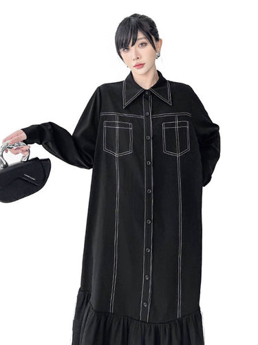 1726287 Irregularity Long Sleeves Asymmetric Buttoned Line Solid Color Split-Joint Lapel Midi Dresses Shirt Dress