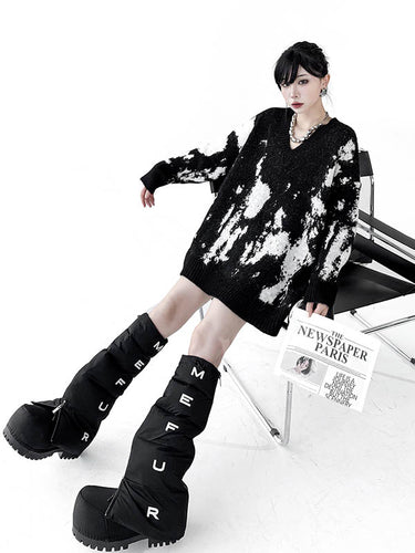 1720200 Long Sleeves Loose Abstract Printed Contrast Color Ribs Split-Joint V-Neck Sweater Tops