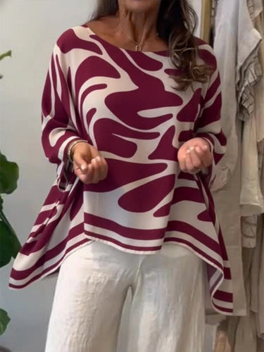 1786380 High-Low Irregularity Contrast Color Printed Round-Neck Blouses&Shirts Tops