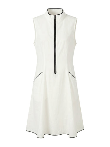 1772897 A-Line High Waisted Pockets Solid Color Zipper Stand Collar Midi Dresses
