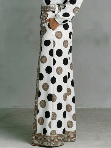 1780058 High Waisted Wide Leg Contrast Color Elasticity Pockets Polka Dot Printed Pants Trousers
