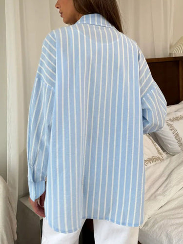 1751469 Long Sleeves Loose Buttoned Contrast Color Split-Joint Striped Lapel Blouses&Shirts Tops