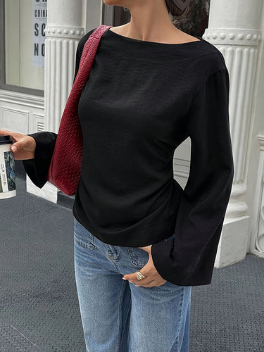 1713810 Elasticated Waist Flared Sleeves Solid Color Split-Joint Tied Waist Round-Neck T-Shirts Tops