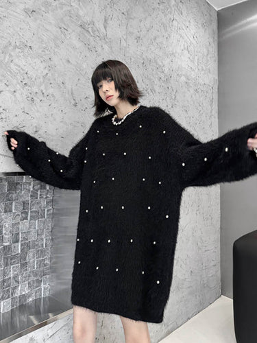 1720201 Long Sleeves Loose Beads Contrast Color Shiny Split-Joint Round-Neck Mini Dresses Sweater Dresses