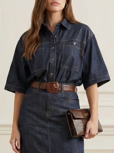 Mangas meia -mangas soltas Bloups abotoadas camisas