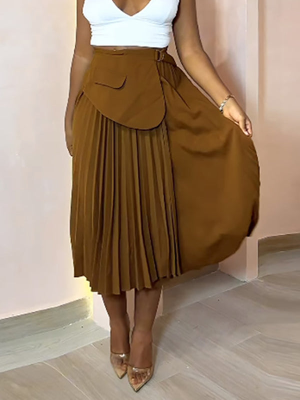 Asymmetric Buttoned Pleated Split-Joint Zipper A-Line Loose Skirts Bottoms