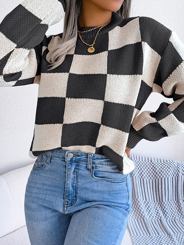 1713673 Long Sleeves Loose Contrast Color Plaid Round-Neck Sweater Tops