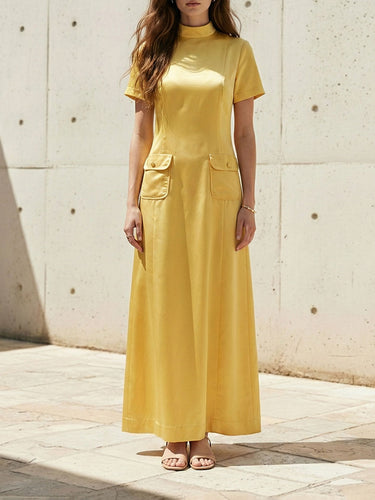 Short Sleeves Pockets Solid Color Split-Joint Round-Neck Maxi Dresses