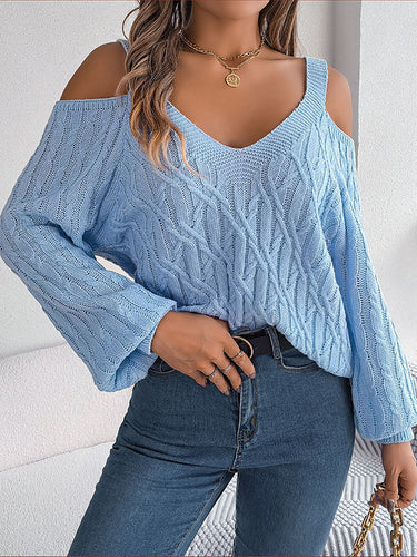 1713621 Long Sleeves Loose Cable Knit Solid Color Cold Shoulder Sweater Tops