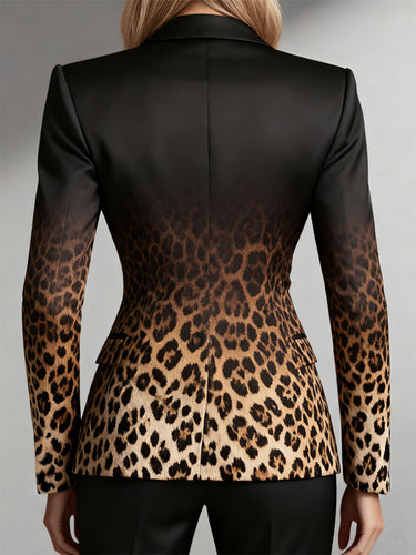 Long Sleeves Buttoned Gradient Leopard Pockets Notched Collar Blazer Outerwear
