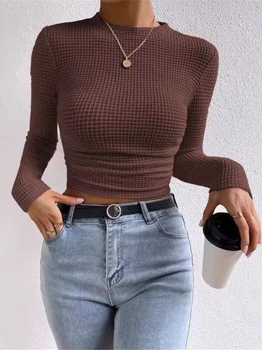 1752806 Long Sleeves Skinny Pleated Solid Color Split-Joint Textured Waffle Check Round-Neck T-Shirts Tops