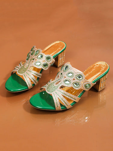 1775819 Square Heel Open Toe Rhinestone Pumps