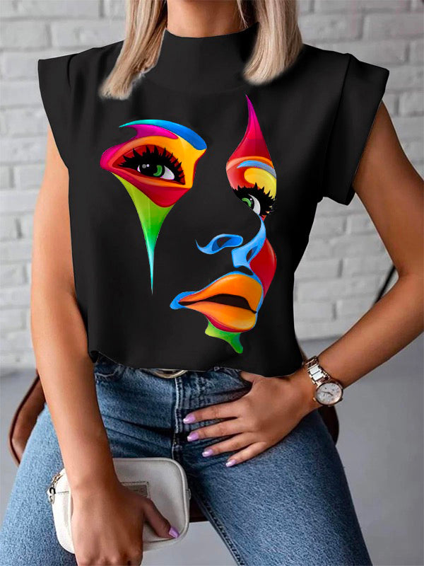 Cap Sleeve Loose Multi-Colored Printed High-Neck T-Shirts Tops – Uoozee ...