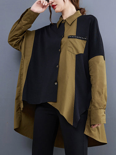Articulação retro frouxa artística com colar de bolso de bolso de bolso de bolso Falso Duas blusas
