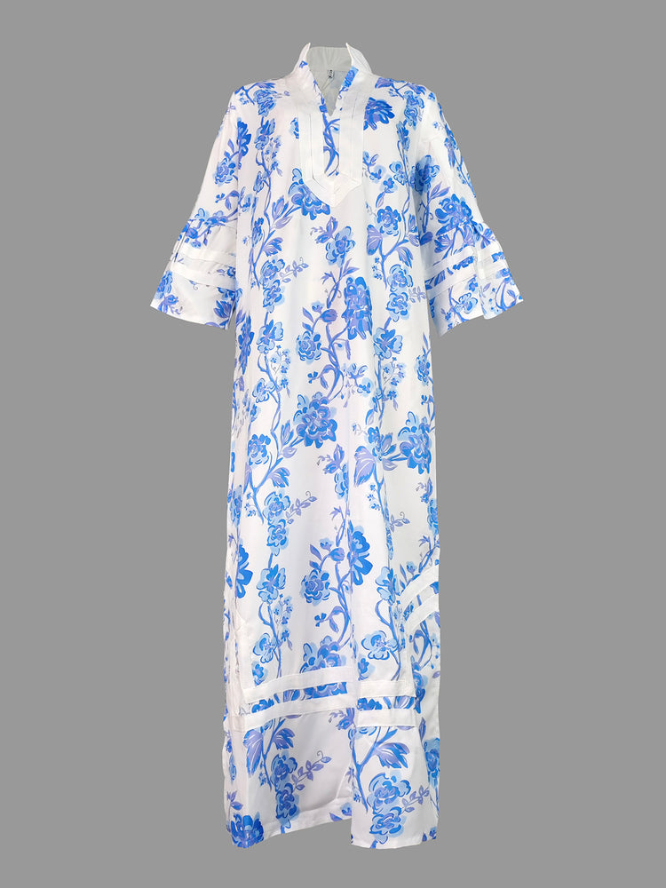 Blauwe bloemen midi-jurk met wijde mouwen