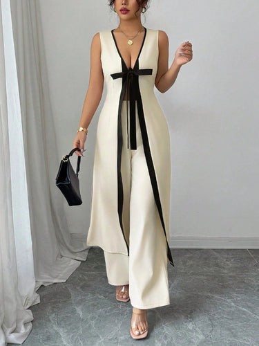 1787564 Sleeveless Deep V-Neck Tied Contrast Color Blouses&shirts Tops + Wide Leg Trousers Pants Two Pieces Set
