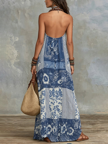 1785098 A-Line Loose Backless Contrast Color Flower Print Printed Split-Side Striped Halter-Neck Maxi Dresses