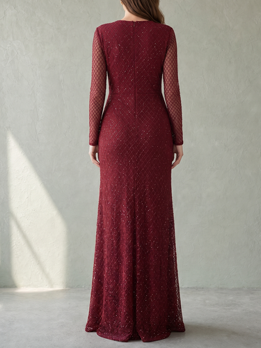 Zipper Solid Color Sequined See-Through Pleated Buttoned Long Sleeves Bodycon V-neck Maxi Dresses