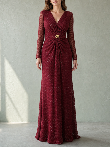 Zipper Solid Color Sequined See-Through Pleated Buttoned Long Sleeves Bodycon V-neck Maxi Dresses