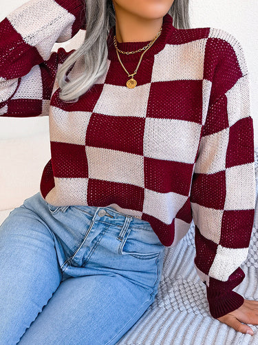 1713656 Long Sleeves Loose Contrast Color Plaid Round-Neck Sweater Tops
