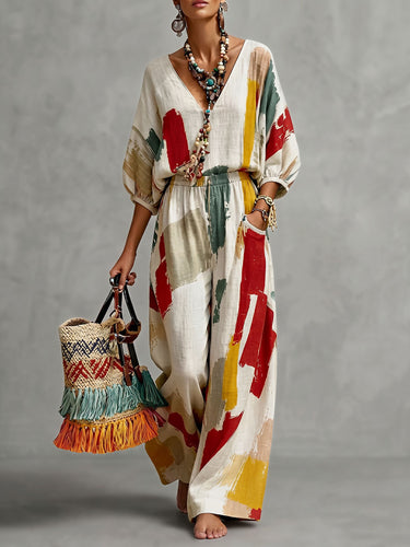 Loose Puff Sleeves Contrast Color Pleated V-Neck Blouses&Shirts Tops