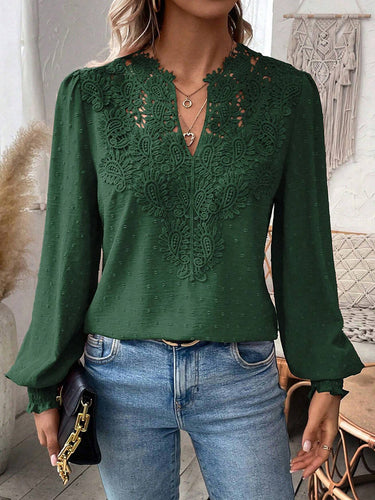 1780402 Balloon Sleeves Long Sleeves Embroidered Hollow Solid Color V-Neck Blouses&Shirts Tops