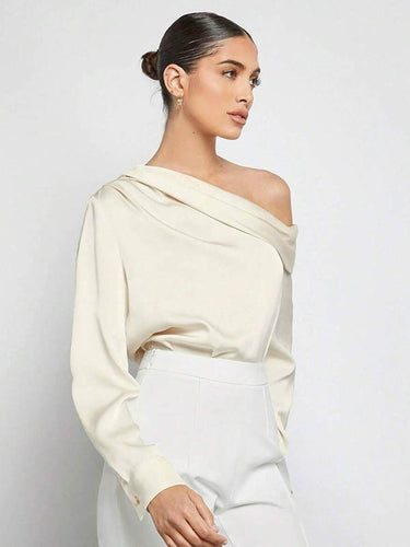 1728933 Long Sleeves Skinny Pleated Solid Color Split-Joint One-Shoulder Blouses&Shirts Tops