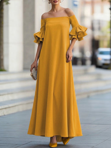 1764312 Half Sleeves Loose Solid Color Off-The-Shoulder Maxi Dresses