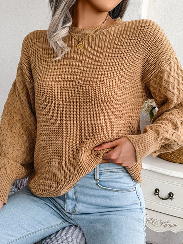 1713774 Long Sleeves Loose Cable Knit Solid Color Round-Neck Sweater Tops