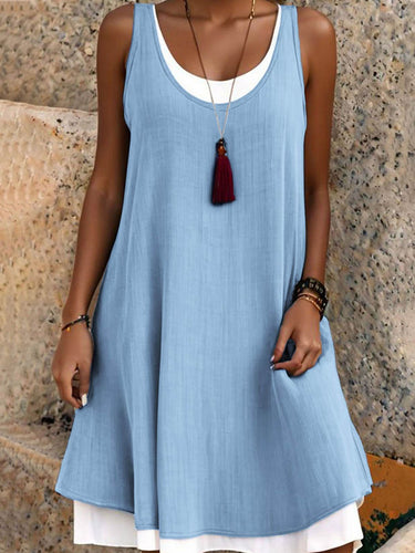 1782341 A-Line False Two Solid Color Split-Joint U-Neck Midi Dresses