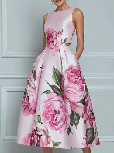 1782897 A-Line High Waisted Contrast Color Flower Print Pleated Pockets Zipper Round-Neck Midi Dresses