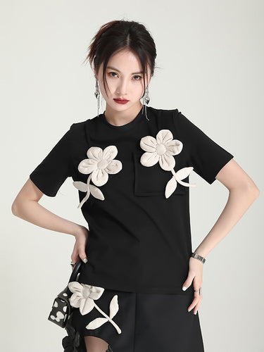 Top-s-shirt a contrasto di applique elegante originale
