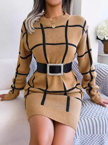 1713365 Elasticated Waist Long Sleeves Belted Contrast Color Plaid Round-Neck Mini Dresses Sweater Dresses