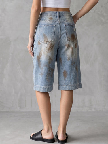 1777894 Cropped High Waisted Buttoned Hollow Pockets Split-Joint Jean Pants Bottoms
