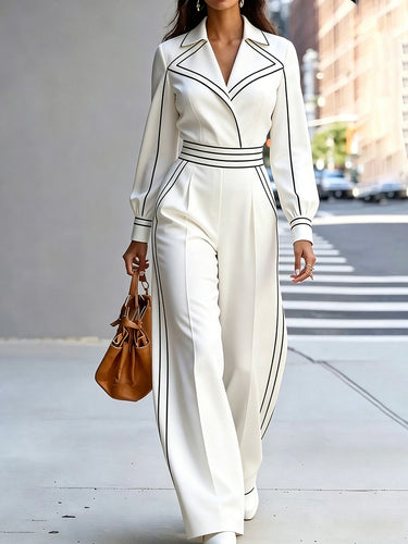 Jumpsuits met hoge taille, lange mouwen en contrasterende kleuren, geplooide zakken en ingekerfde kraag