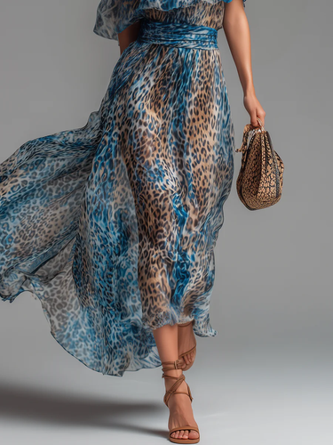 1776890 A-Line High Waisted Contrast Color Elasticity Leopard One-Shoulder Maxi Dresses