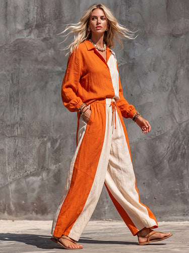 1782667 High Waisted Wide Leg Contrast Color Drawstring Elasticity Pockets Pants Trousers