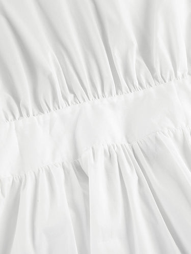 1742223 Elasticated Waist High Waisted Pleated Solid Color Split-Joint Tied Waist Round-Neck Blouses&Shirts Tops