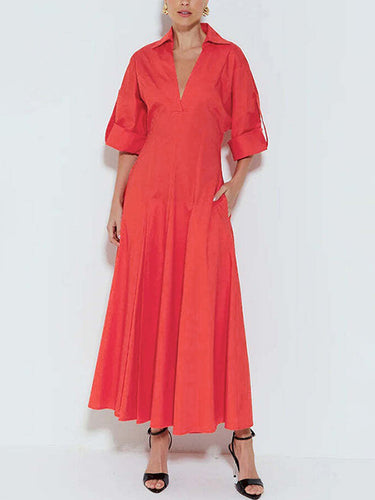 A-Linie, hoch tailliert, plissiert, einfarbig, V-Ausschnitt, Maxikleid, Hemdblusenkleid