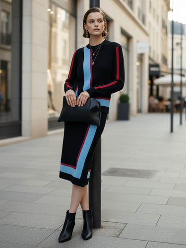 Irregularity Long Sleeves Abstract Printed Asymmetric Contrast Color Ribs Split-Joint Round-Neck Sweater Tops