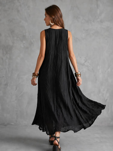 1785146 A-Line Loose Jacquard Solid Color V-Neck Midi Dresses